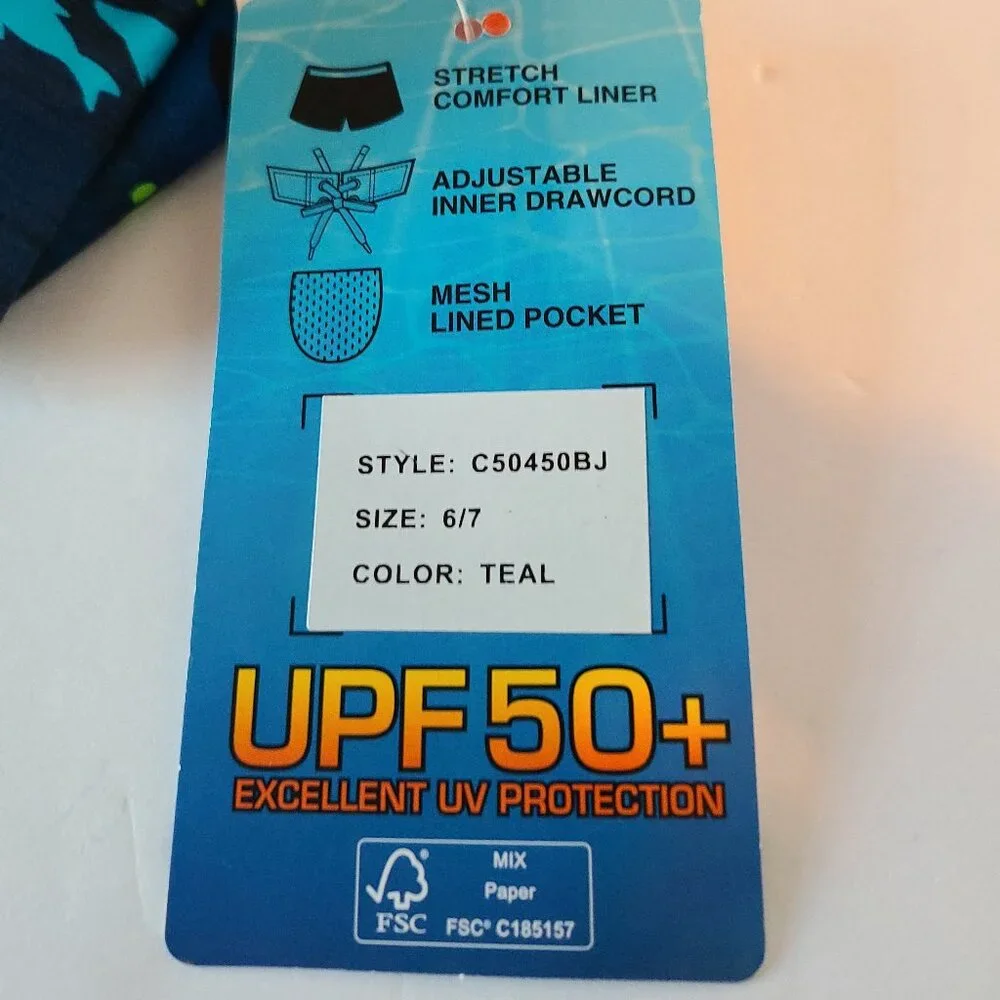 ZEROXPOSUR SWIM SHORTS & GOGGLES-UPF50+-TEAL SHARK MOTIF-SIZE 6/7